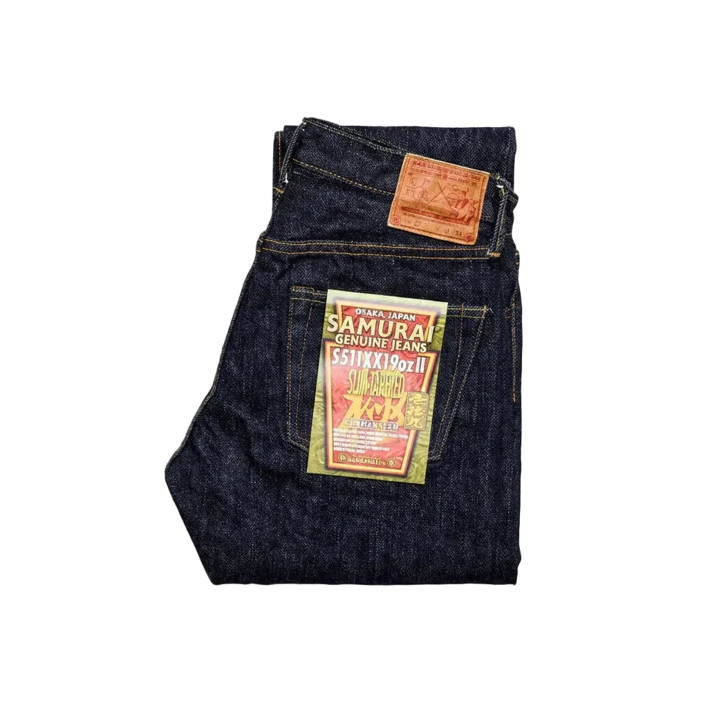 S511XX19ozII Kiwami II slim tapered fit 19oz selvedge denim jeans with raised belt loops and branded leather patch