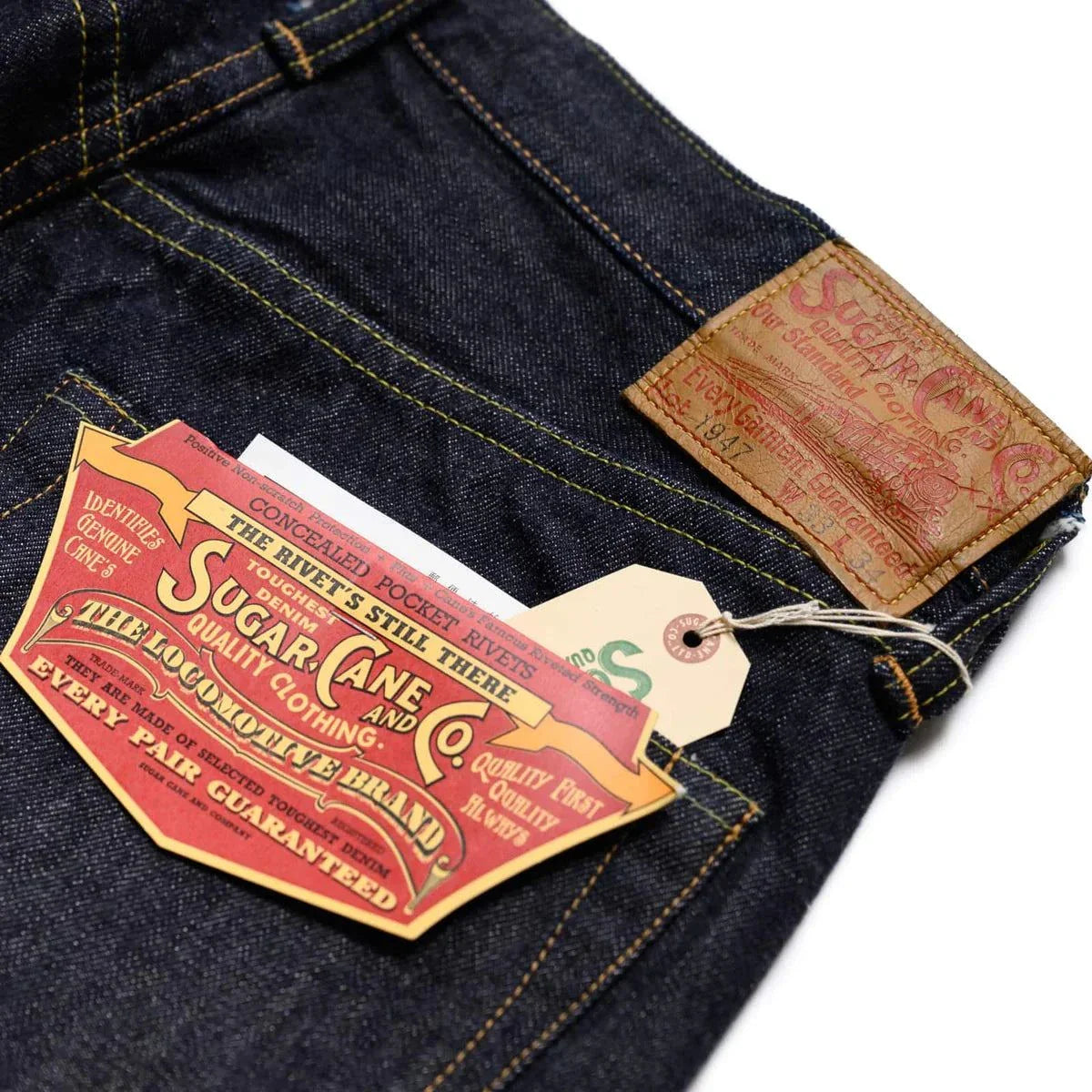 Sugar Cane 14.25oz vintage denim jeans with iron button and leather patch, made in Japan