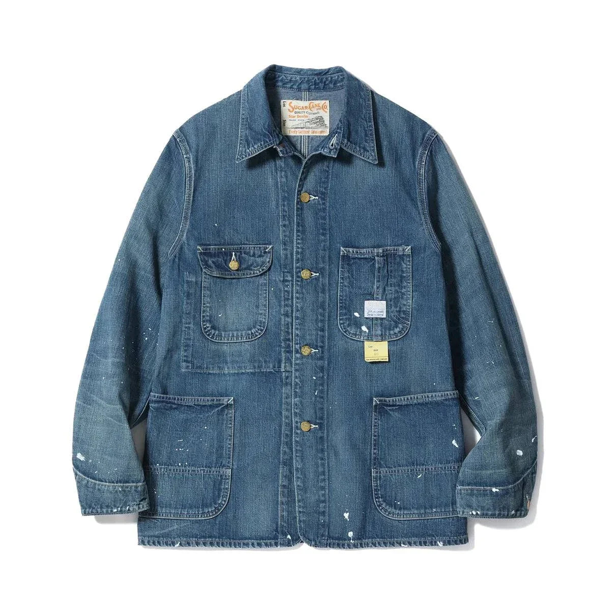 Sugar Cane 11oz blue denim work coat with aged wash and paint splatters, featuring five-button front and 3-in-1 chest pocket