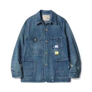 Sugar Cane 11oz blue denim work coat with aged wash and paint splatters, featuring five-button front and 3-in-1 chest pocket