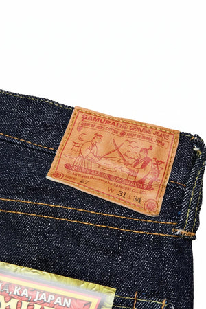 Samurai Kiwami II 19oz selvedge denim jeans slim tapered fit with branded leather patch and custom details