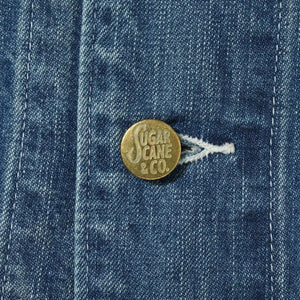 Sugar Cane 11oz blue denim work coat with aged wash and paint splatters, 3-in-1 chest pocket, and five-button closure