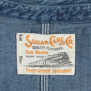 Sugar Cane 11oz blue denim work coat with aged look and paint splatters, vintage mid-century style with 3-in-1 chest pocket and five-button front closure