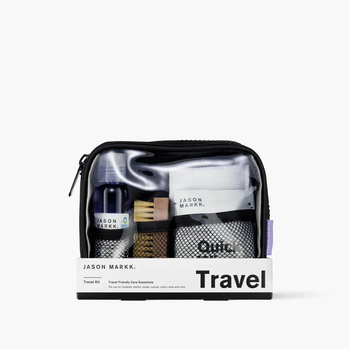 Travel Shoe Cleaning Kit with cleaning solution, brush, towel, and wipes in a clear, organized nylon case.