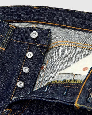 Kiwami II 19oz selvedge denim slim tapered fit jeans with raised belt loops and custom leather patch
