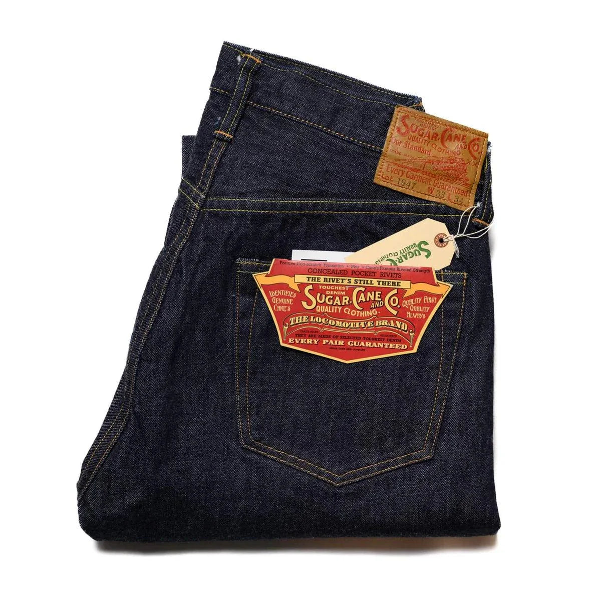 Sugar Cane 14.25oz vintage denim jeans with iron button and leather patch
