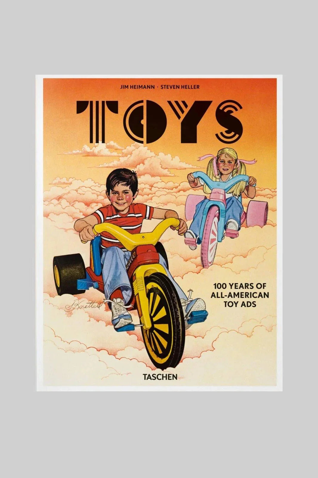 Cover of Toys book featuring vintage illustration of children riding tricycles with 100 years of All-American toy ads text