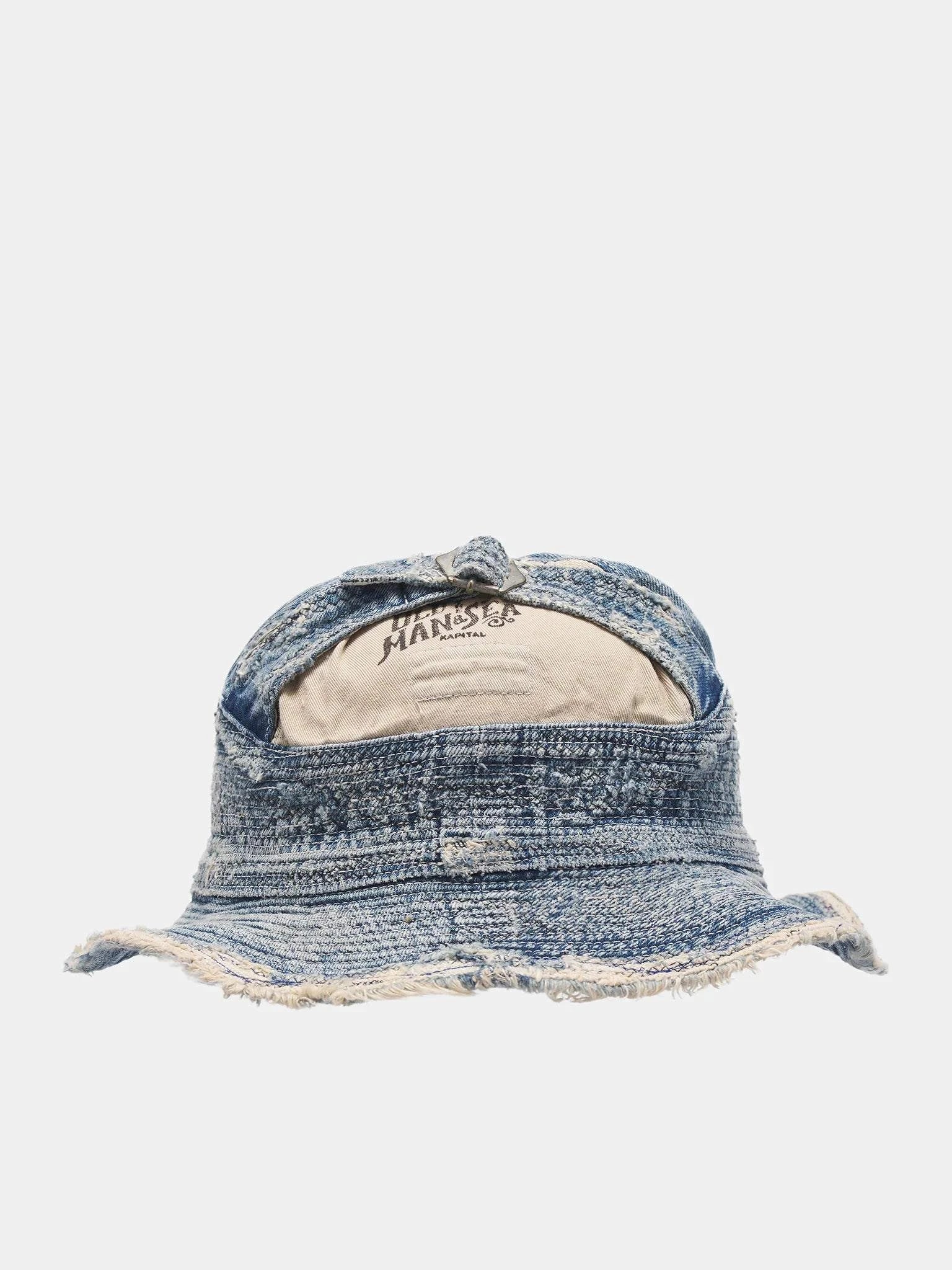 KAPITAL 11.5OZ DENIM distressed Old Man and the Sea hat with vintage stitching and indigo dye