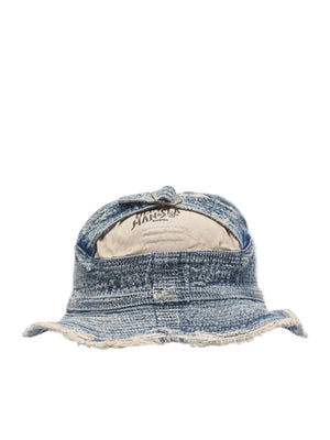KAPITAL 11.5OZ DENIM distressed Old Man and the Sea hat with vintage stitching and indigo dye