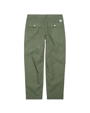 Olive EDWIN Baker Pant with wide fit and vintage-inspired fading, made from lightweight back satin