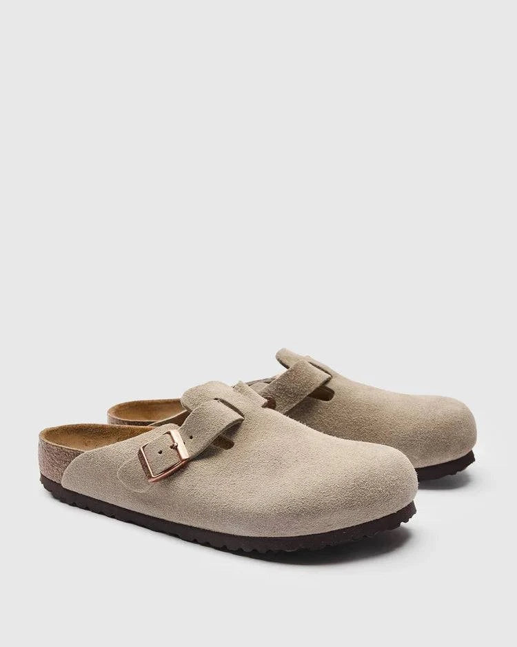 BIRKENSTOCK Boston Clog in taupe suede with anatomically shaped cork footbed and Birkengrip outsole