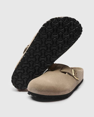 BIRKENSTOCK Boston Clog in taupe suede with cork footbed and Birkengrip outsole