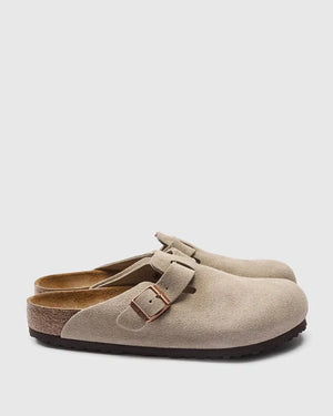 BIRKENSTOCK Boston Clog in taupe suede with cork footbed and brass buckle