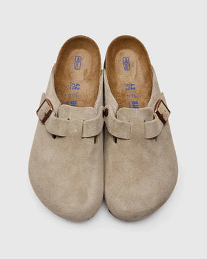 BIRKENSTOCK Boston Clog in taupe suede with cork footbed and Birkengrip outsole