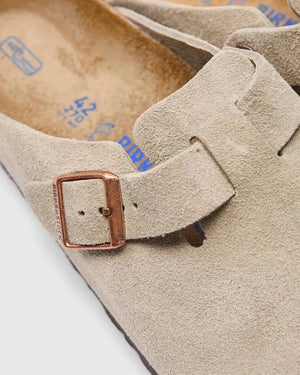 BIRKENSTOCK Boston Clog in taupe suede with cork footbed and Birkengrip outsole