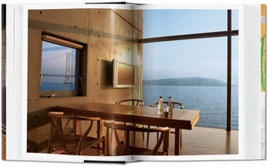 Contemporary Japanese dining room with ocean view, emphasizing traditional Japanese architecture elements.