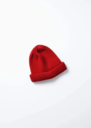 Red ROTOTO Cotton Roll Up Beanie with elastic 2x2 ribs for comfort and rolled-up hem for versatility, made in Japan.