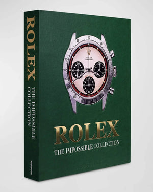 Assouline "Rolex: The Impossible Collection" Book by Fabienne Reybaud in luxurious leather case, featuring illustrations of iconic Rolex watches.
