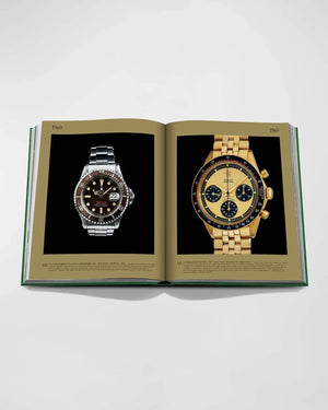 Open pages of "Rolex: The Impossible Collection" book by Fabienne Reybaud, featuring images of iconic Rolex timepieces.