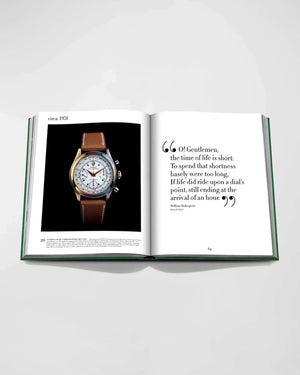 Assouline "Rolex: The Impossible Collection" book open, featuring a luxury watch image and quote.