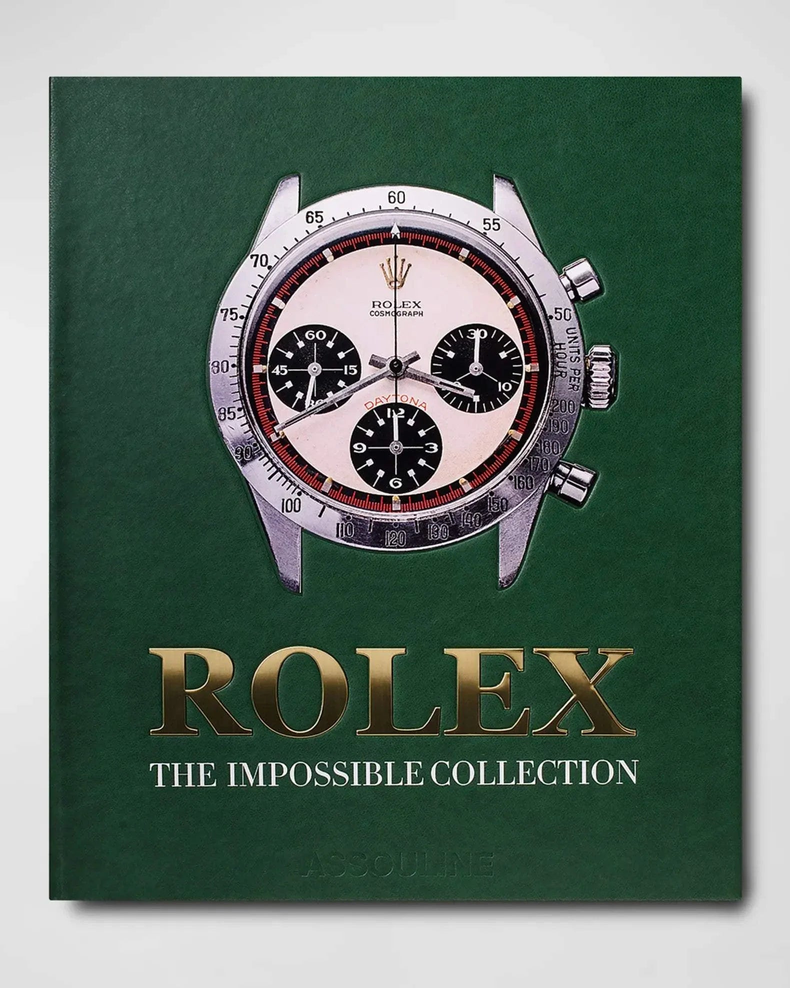 Assouline "Rolex: The Impossible Collection" book cover featuring a luxury Rolex watch illustration on a green background.