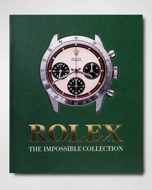 Assouline "Rolex: The Impossible Collection" book cover featuring a luxury Rolex watch illustration on a green background.