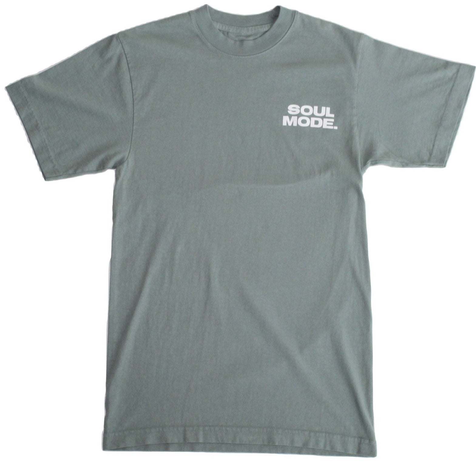 SOUL MODE JADE GREEN T-SHIRT, 100% USA Cotton, unisex relaxed fit, ribbed collar, screen print design.