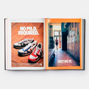 Open book showcasing vintage sneaker advertisements featured in "Soled Out: The Golden Age of Sneaker Advertising".